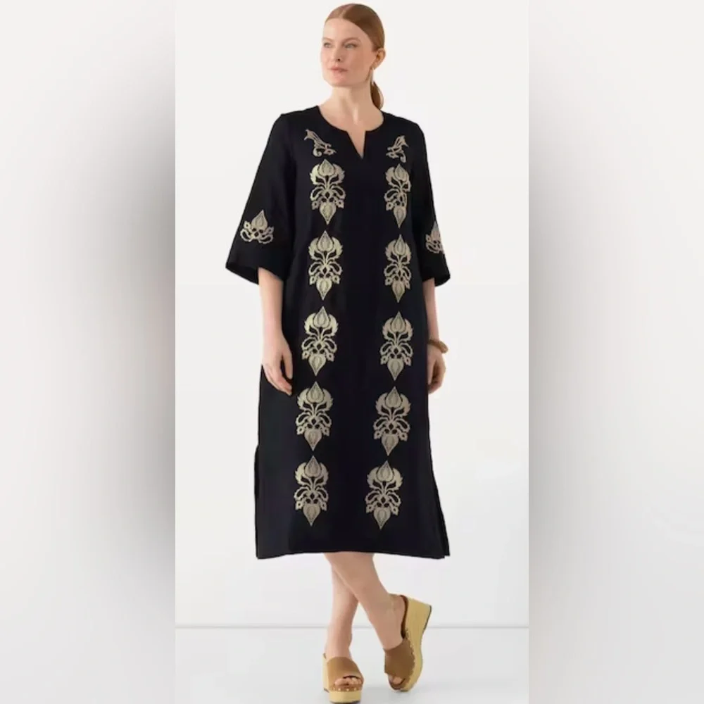 ULLA POPKEN DAMASK DETAIL SPLIT NECK SHORT SLEEVE DRESS, DARK MARINE, SIZE 20. - Picture 1 of 13